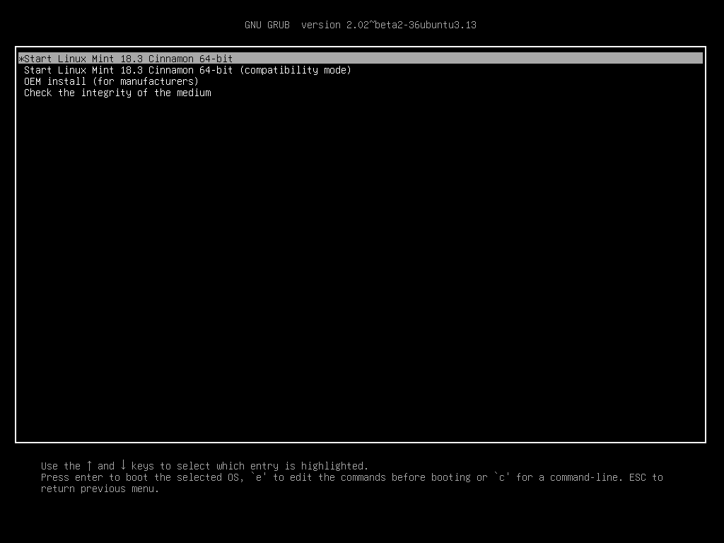 Exemple del menú d’arrencada GRUB en un equip amb Linux Mint.
