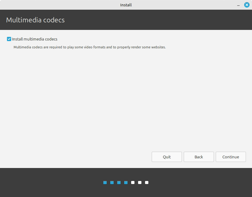 Pantalla de l’instal·lador per a activar còdecs i programari addicional.