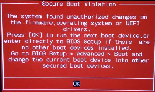 Exemple de l’avís que pot aparéixer quan Secure Boot impedeix l’arrencada.