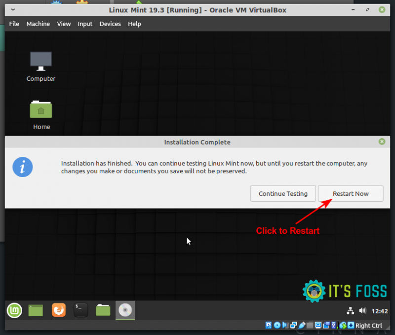 Pantalla final del instalador de Linux Mint con el botón Reiniciar ahora