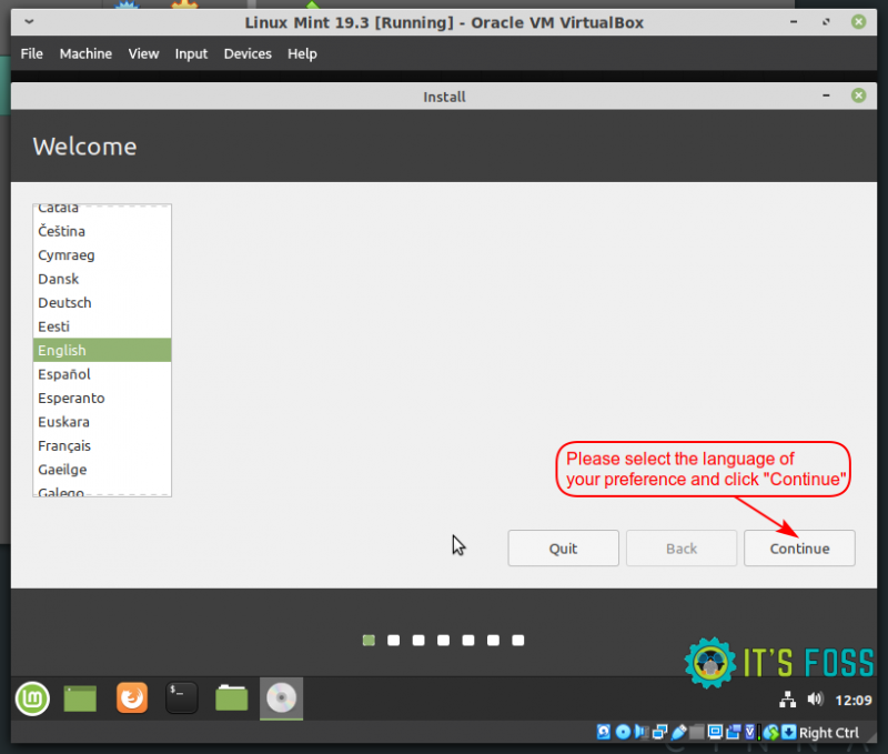 Pantalla del instalador de Linux Mint para seleccionar el idioma