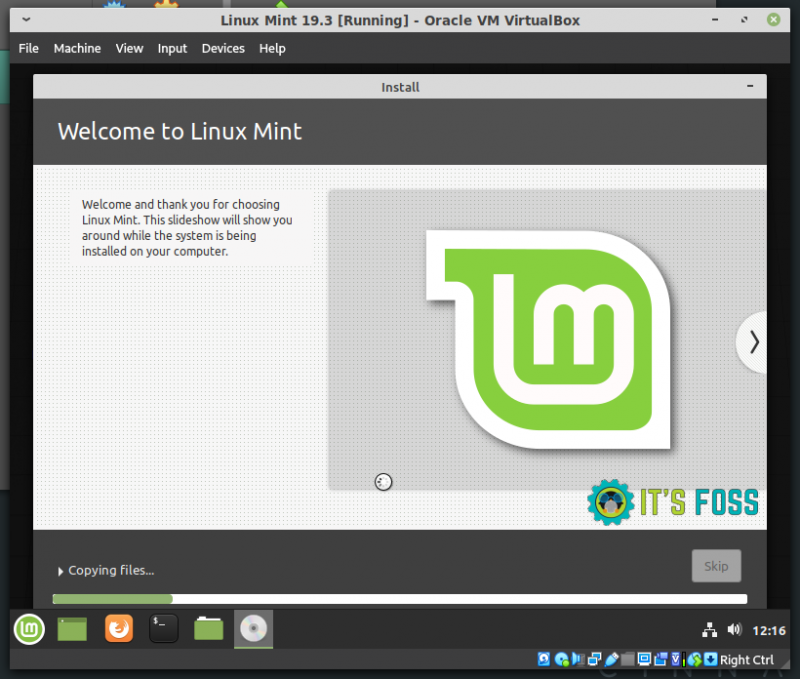 Pantalla de progreso de instalación de Linux Mint