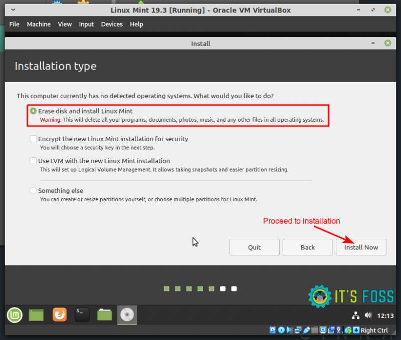 Pantalla del instalador con la opción Borrar disco e instalar Linux Mint seleccionada