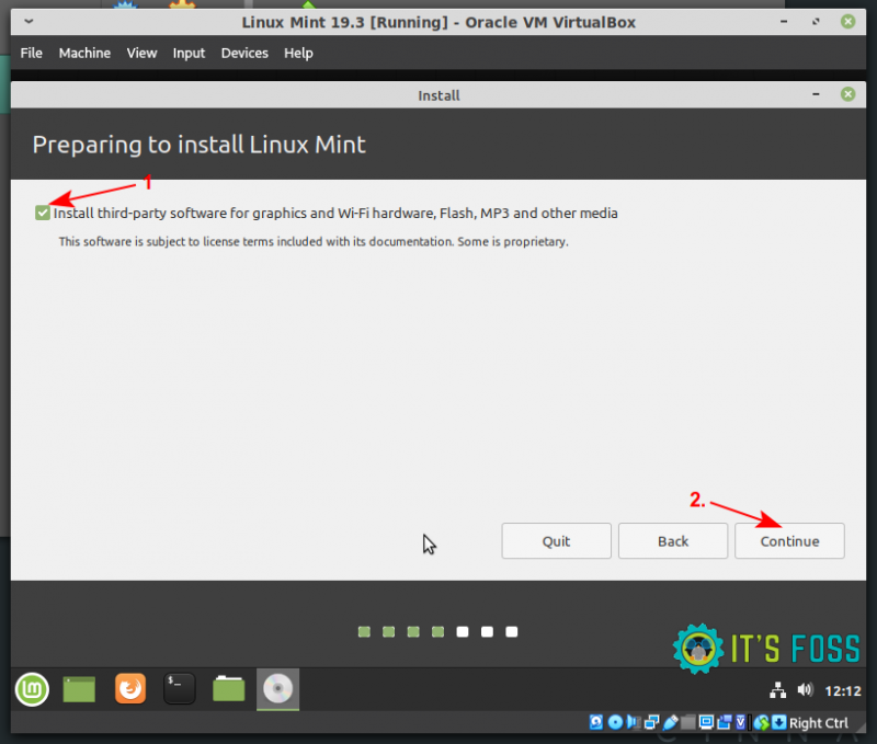 Pantalla del instalador de Linux Mint con la opción de instalar códecs multimedia y software adicional