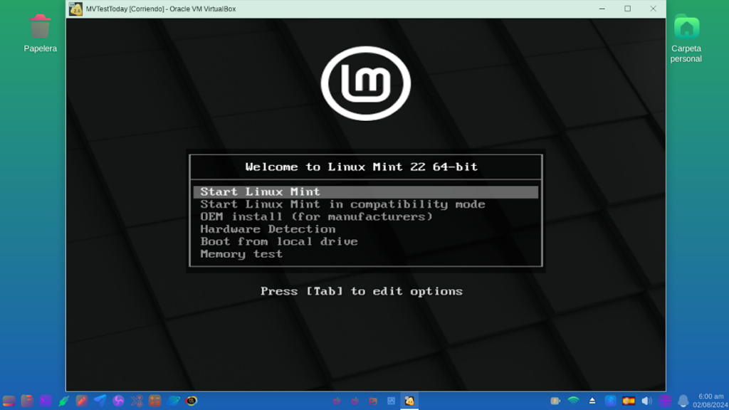 Menú de arranque de Linux Mint 22 con la opción Start Linux Mint