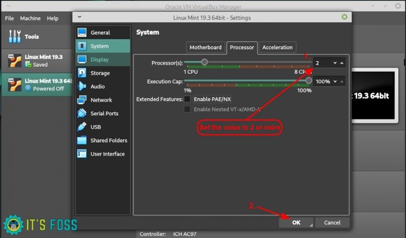 Configuración de VirtualBox para elegir dos procesadores virtuales