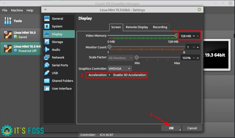 Apartado Pantalla de la configuración de VirtualBox con memoria de vídeo y aceleración 3D