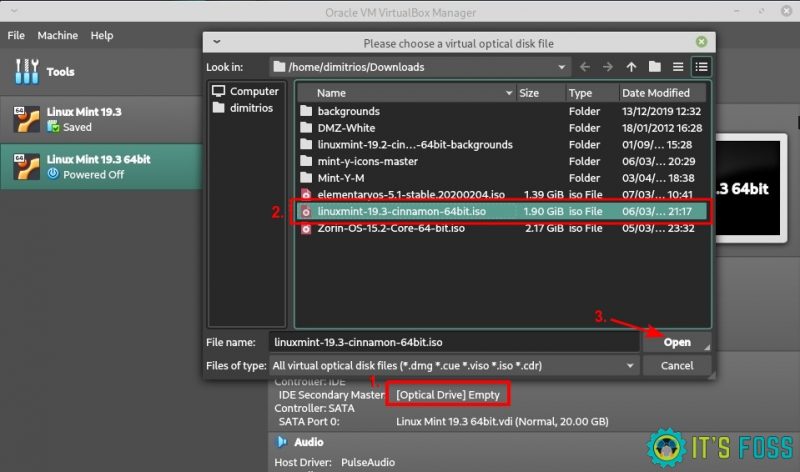 Configuración de almacenamiento de VirtualBox con la ISO de Linux Mint seleccionada