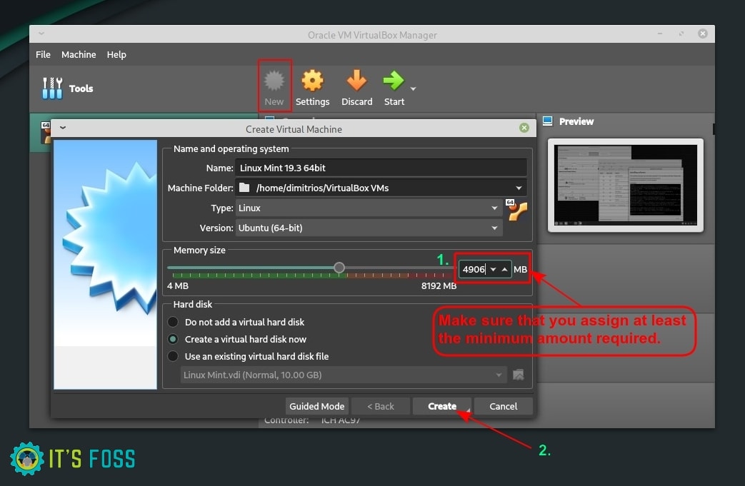 Ventana de creación de máquina virtual con Linux Mint como nombre y Ubuntu de 64 bits como versión