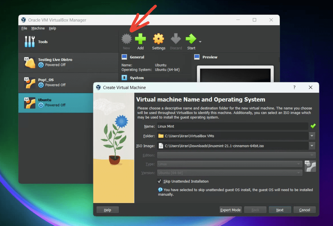 Asistente de VirtualBox en Windows para crear una máquina Linux Mint y seleccionar una ISO
